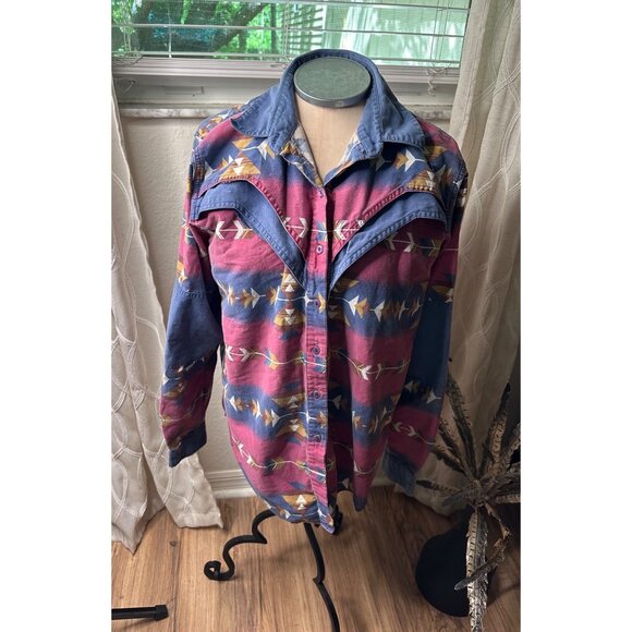 Vtg Adobe Rose Western Button-Up Shirt 1X Aztec Brushpopper Long Sleeve Cotton - Picture 1 of 15
